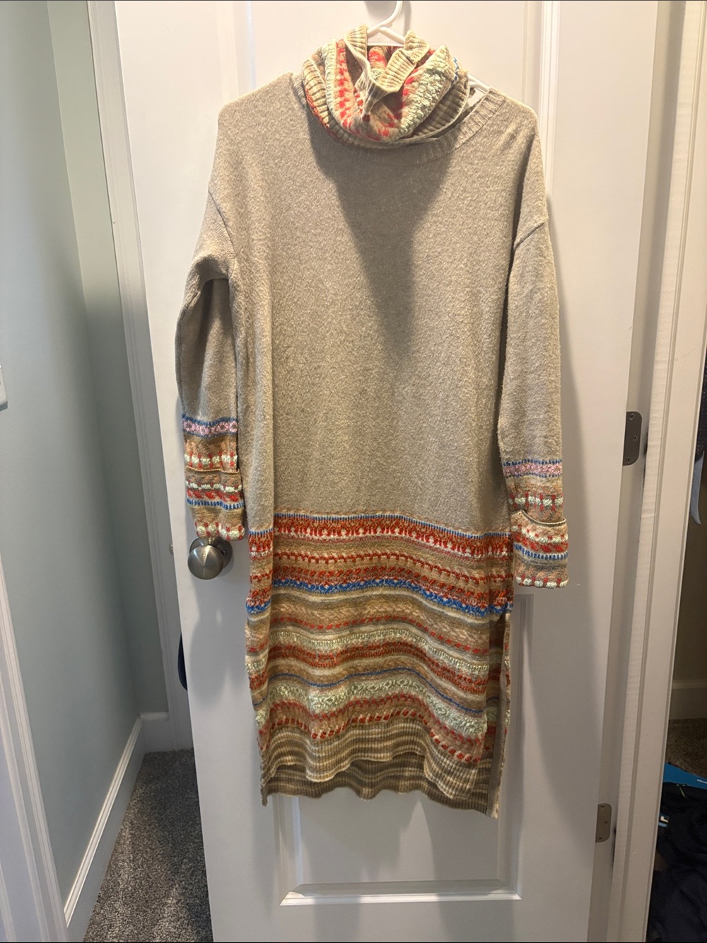 AnthropologieNeutral Cowl-Neck Knit Sweater Dress with Multicolor Fair Isle Trim
